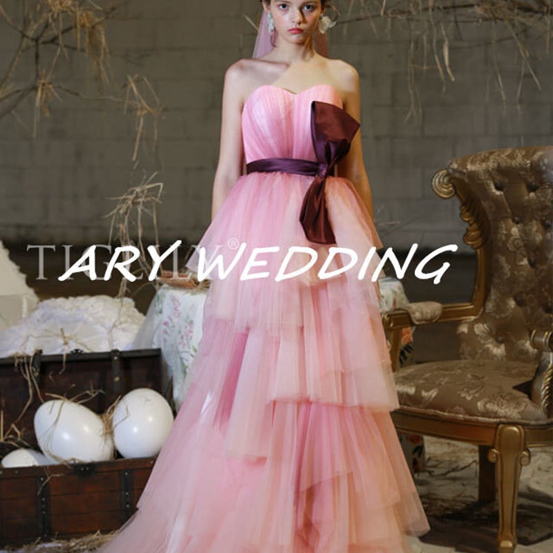 高品質！ピンク ベアトップ カラードレス 前撮り ソフトチュール  