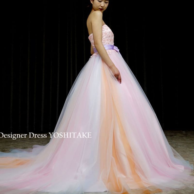 贅沢な小花総レース カラードレス 薄ピンク ソフトチュール ベアトップ  