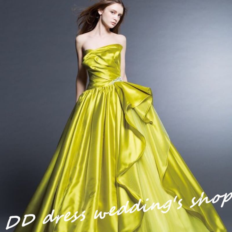 高品質！ピスタチオカラー ベアトップ カラードレス プリンセスライン  