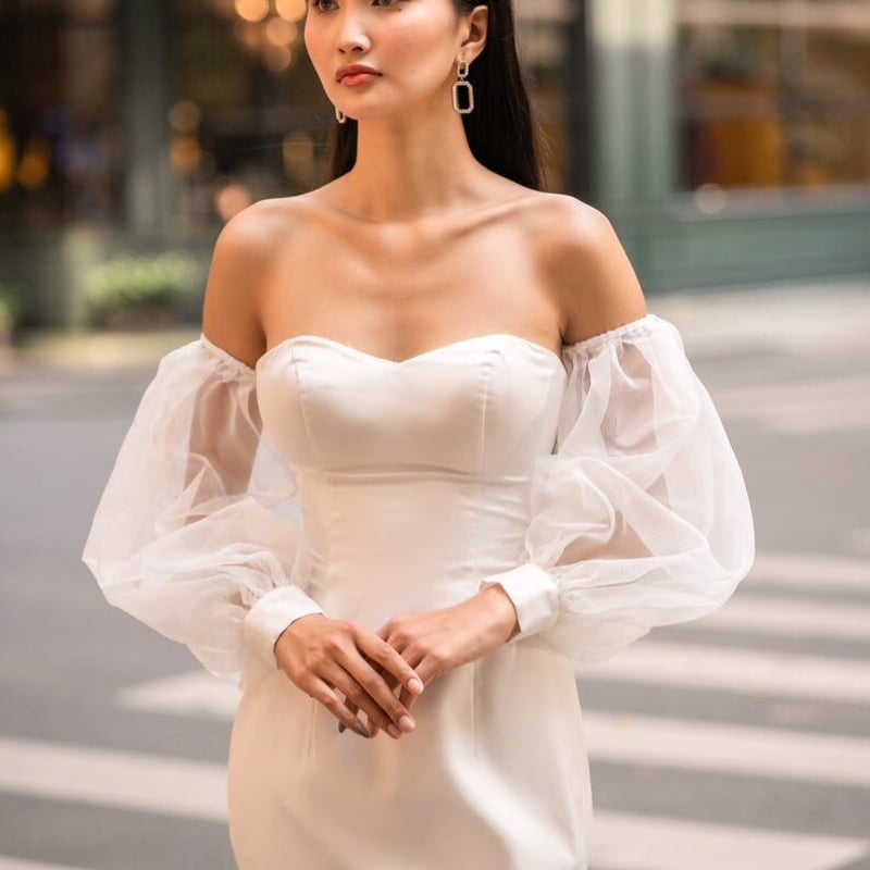 上品！ パーティードレス ホワイト ベアトップ マーメイドライン 姫袖  