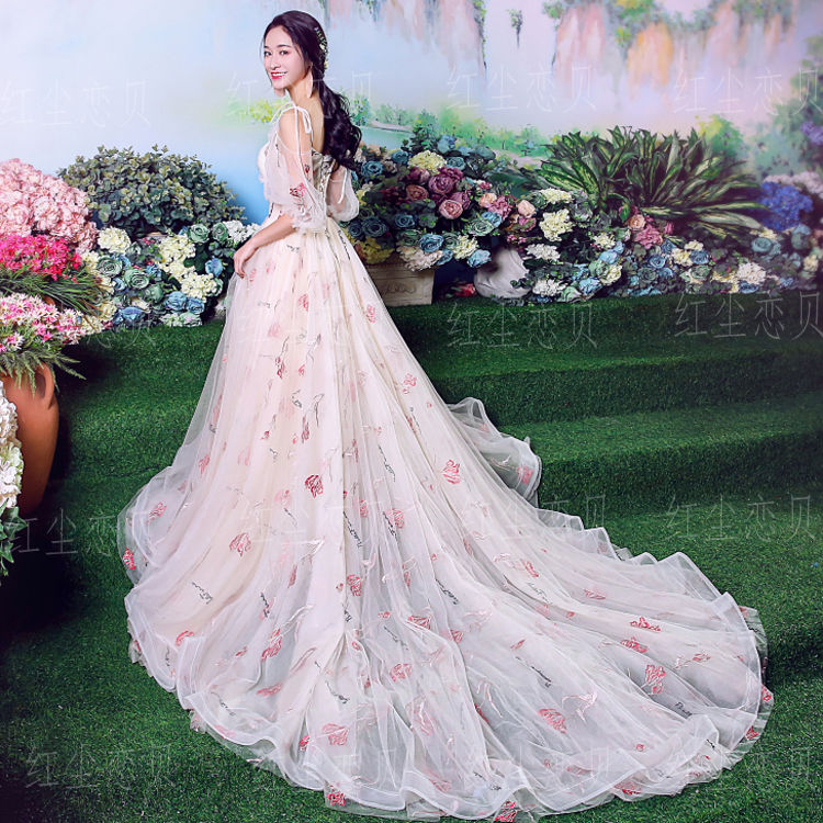 カラードレス ピンク 上質オーガンジー プリンセスライン トレーン シアーな美しさ ミディアムドレス
