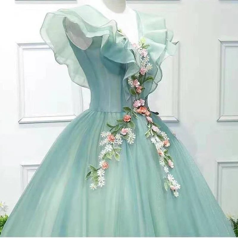 カラードレス パーティードレス 枝花刺繍 編み上げ チュール 床付く 