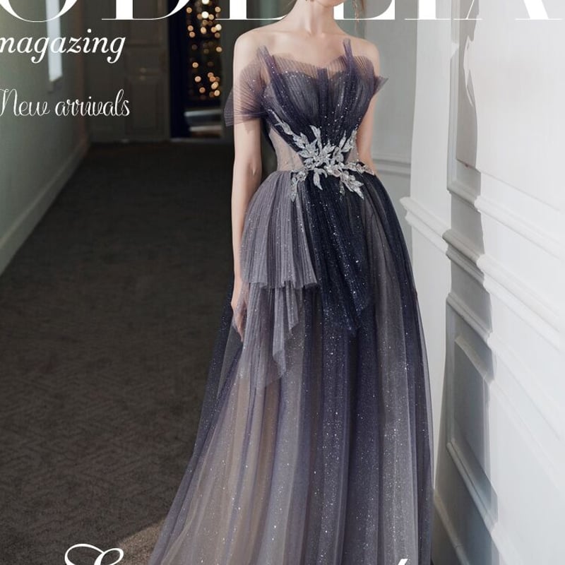 高品質！パーティードレス 紫 ベアトップ キラキラチュール  