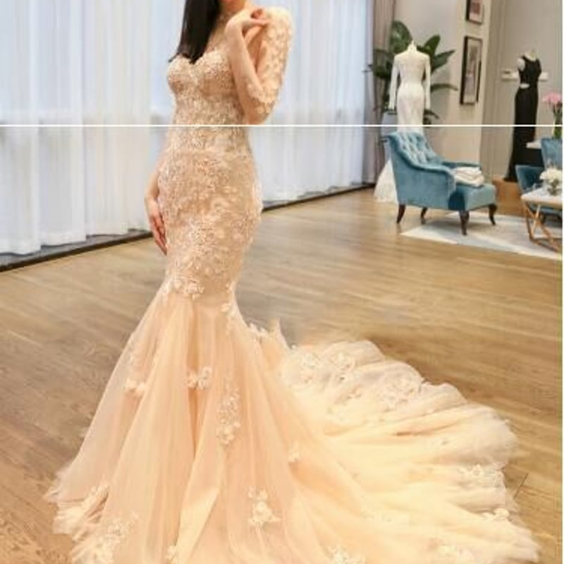 シャンシャン♡ウエデェングドレスご紹介♡ 優雅シャンペン ウエディングドレス 編み上げ トレーン 結婚式