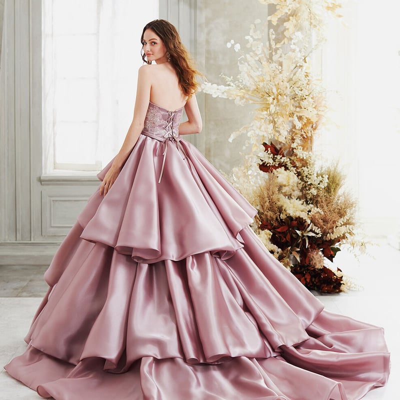 パーティードレス 花柄のモチーフ刺繍が美しく ピンク紫 ベアトップ  