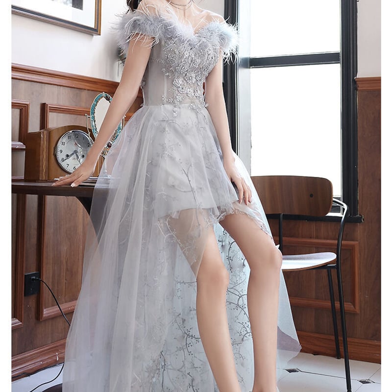 上品！ パーティードレス グレー オフショル スリット セクシー