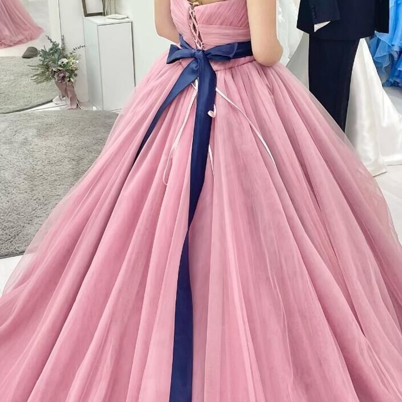 カラードレス ピンク紫 ベアトップ サッシュベルト 柔らかく重ねた  