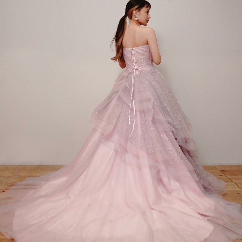 カラードレス ピンク ストレートビスチェ 柔らかなチュール Aライン  