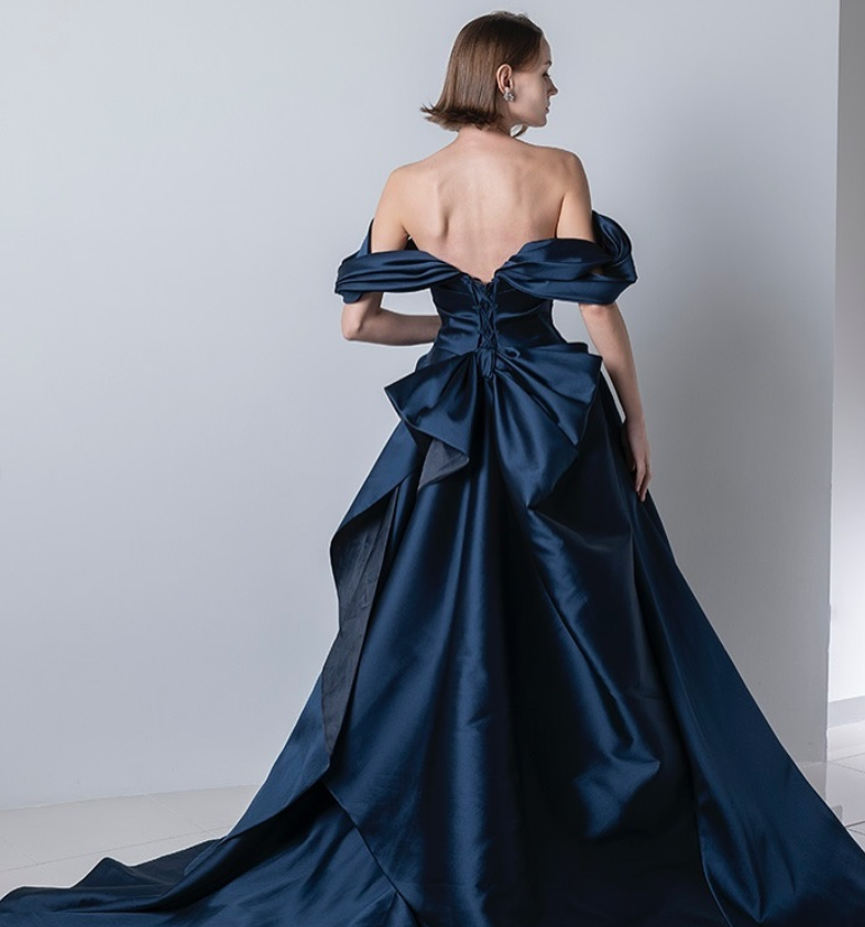 カラードレス ブルー 編み上げ オフショルダー ふっくら柔らかなバッ