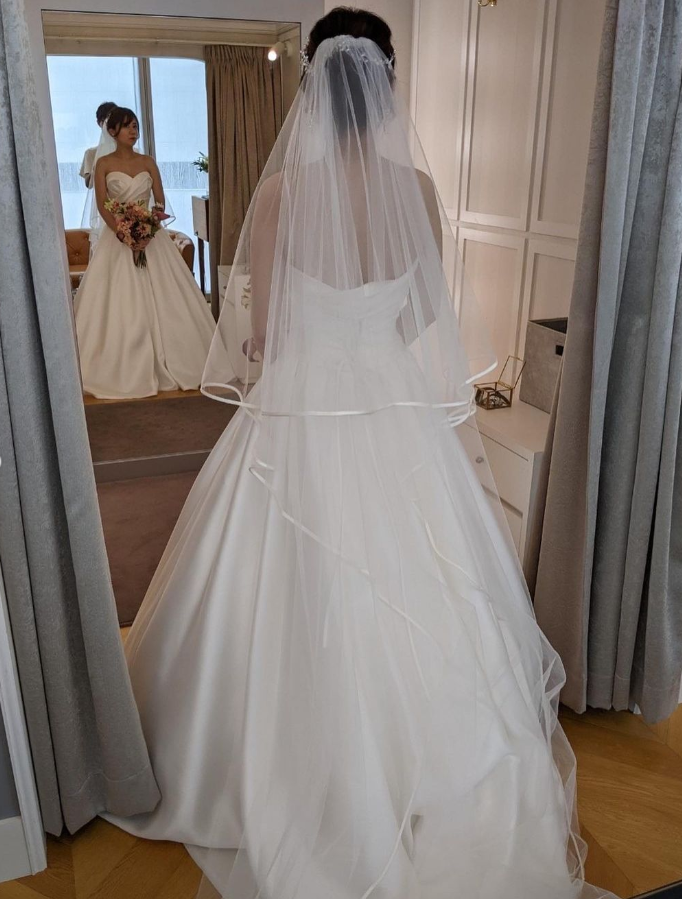 パーティードレス パフスリーブ ベアトップ 光沢サテン 可愛い 花嫁  