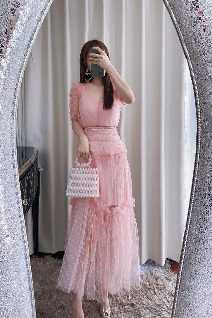 美品！パーティードレス ピンク 半袖 ソフトチュール 憧れのドレス