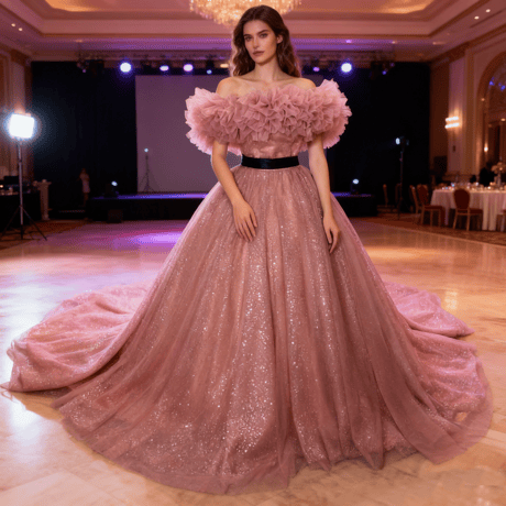 カラードレス ピンク 取り外し可能なオフショルダー シークインチュール  華やかなトレーン  サッシュベルト   編み上げ   結婚式