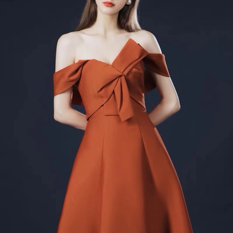 オフショルダー テラコッタ フロントリボンウエディングドレス  