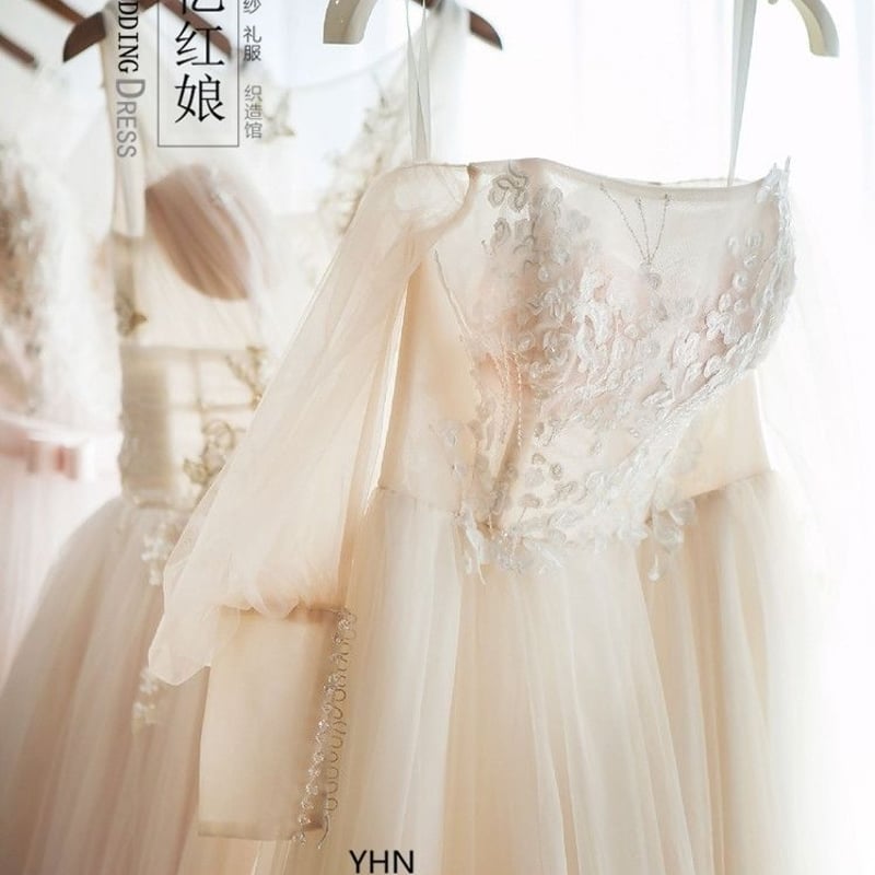 ウエディングドレス シャンパン色 枝花刺繍 上品透け袖 編み上げ 結婚  