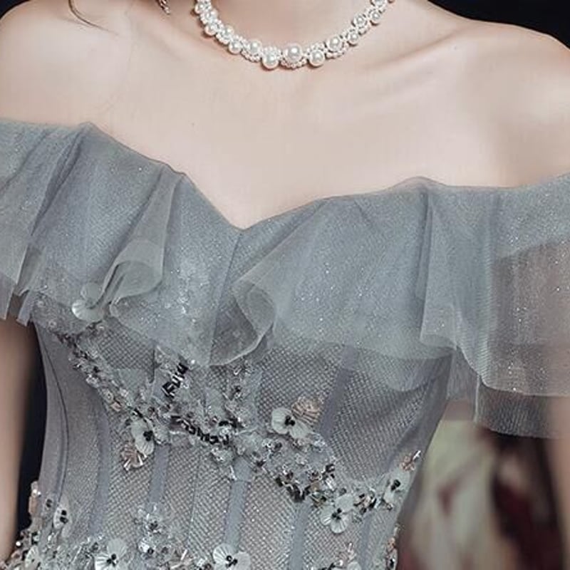高品質！パーティードレス ブルーグレー オフショルダー 上質