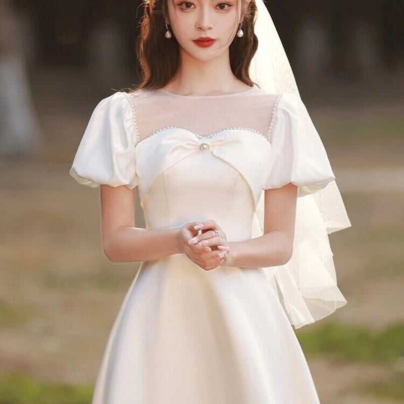 ワンピース ホワイト フランス風 パフスリーブ 憧れのドレス 花嫁  