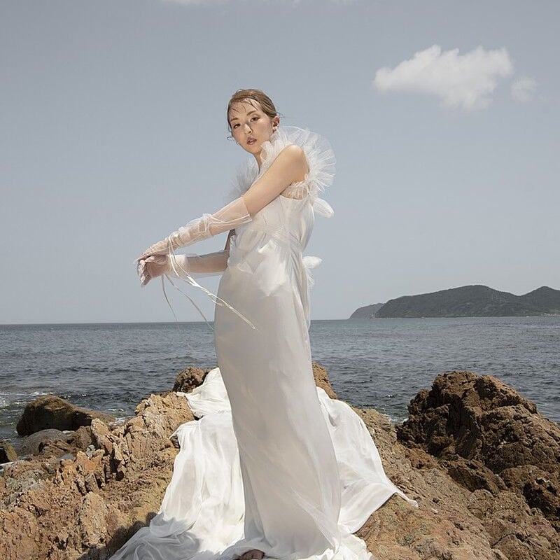 パーティードレス シースルー袖 キャミソール ロング 光沢感 高みせ 細  