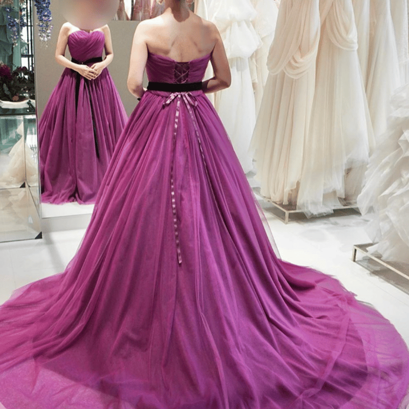 カラードレス パープル/紫 ソフトチュール ベアトップ サッシュベル  