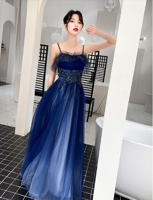 上品！パーティードレス 青 キャミソール 上質オーガンジー 2次会 謝恩  