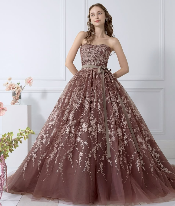 ❤︎テラコッタドレス❤︎ 特別感 カラードレス テラコッタカラー サテンとチュール リボン