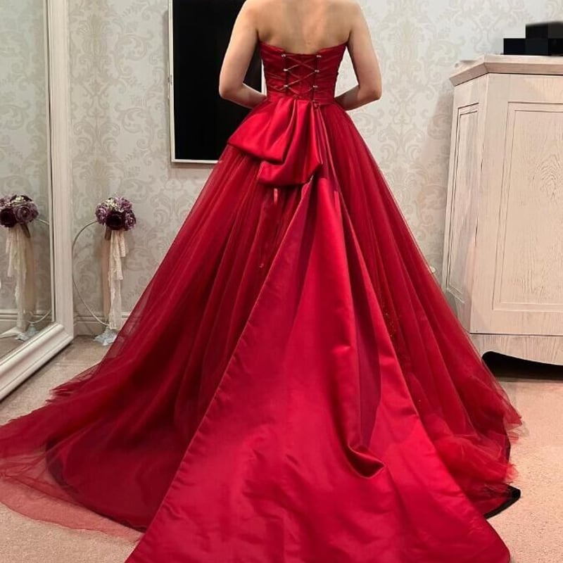 パーティードレス ワインレッド ベアトップ ソフトチュール 禿げ  