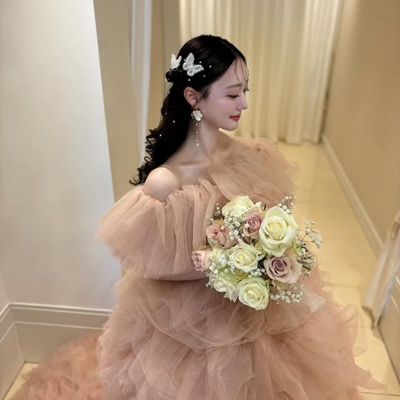 実例写真！カラードレス シャンパン色 オフショルダー ソフトチュール