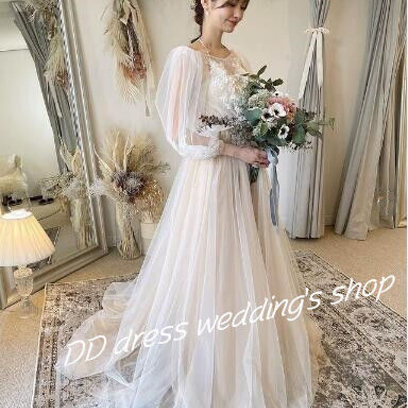 フランス風 ウエディングドレス オフホワイト 上品透け袖 ソフト
