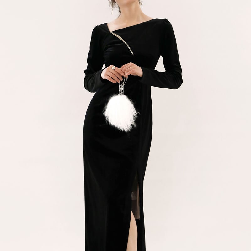 パーティーワンピース 黒 ビロード ファスナー スリット 優雅な  