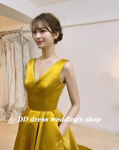 高品質！光沢サテン Vネック パーティードレス ゴールド ロング  