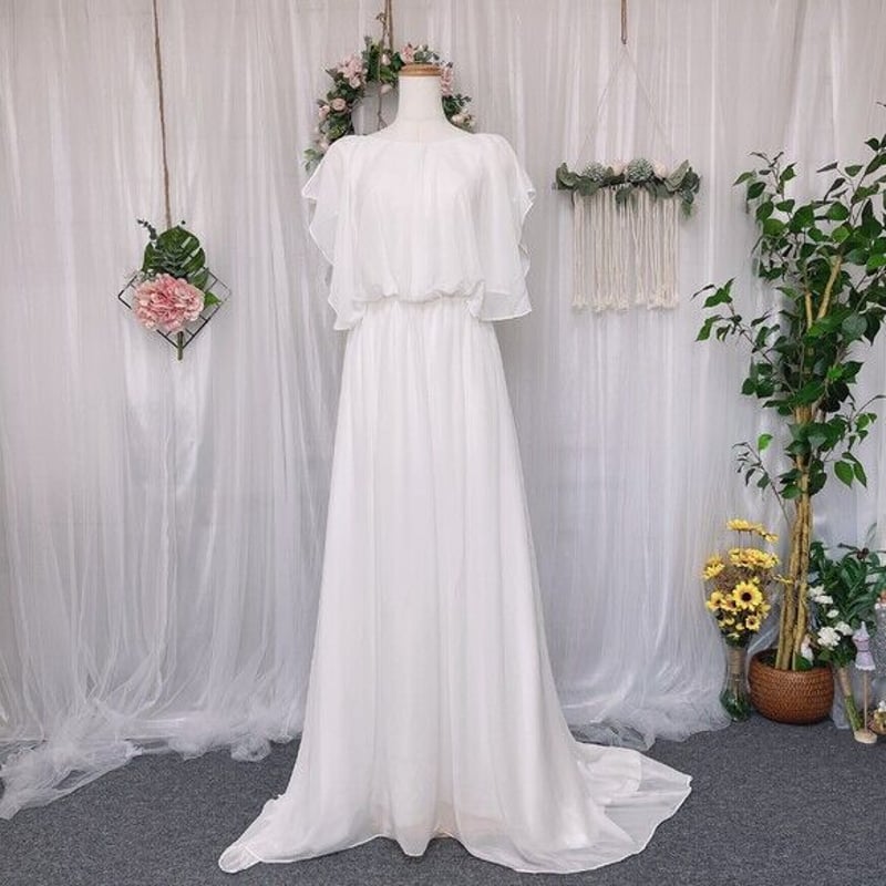 シフォンドレス オフホワイト ふわふわ袖 ウェディングドレス 二次会  