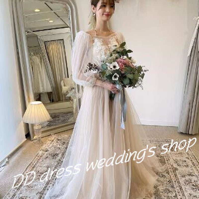 フランス風 ウエディングドレス オフホワイト 上品透け袖 ソフト