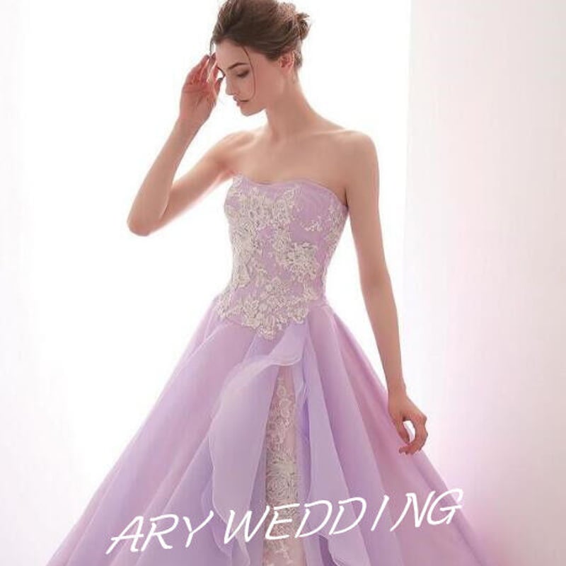 大人気上昇 カラードレス 紫 取り外し可能オフショル プリンセスライン  