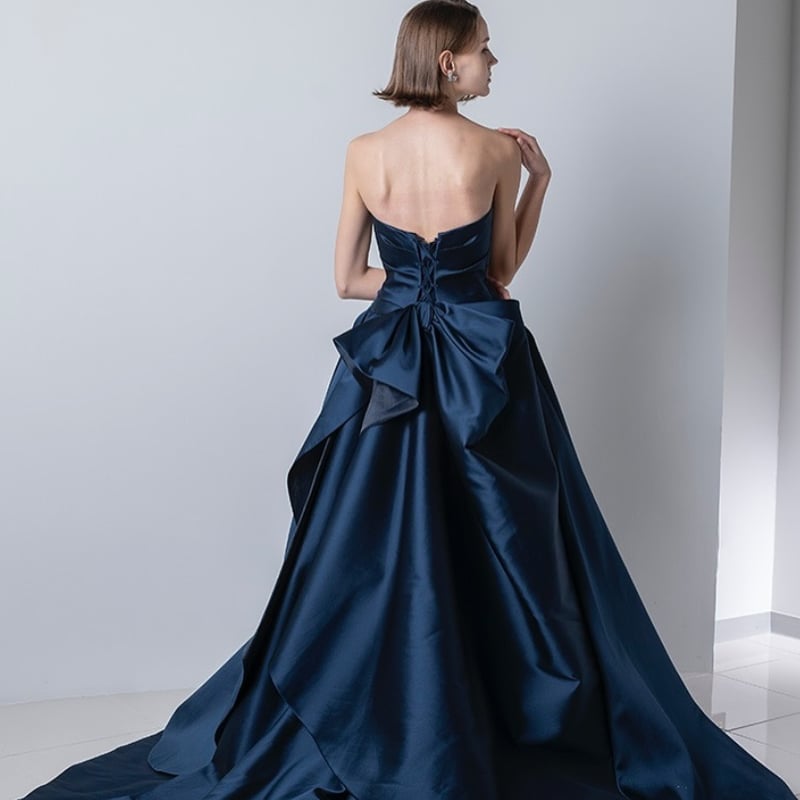 カラードレス ブルー 編み上げ ベアトップ ふっくら柔らかなバック