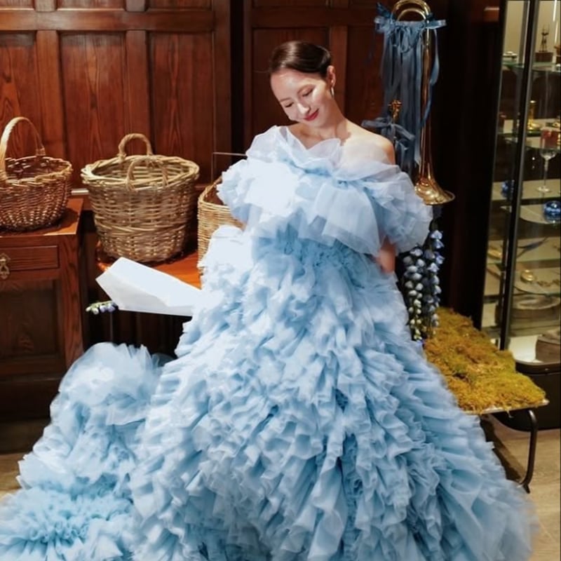 ブルー オフショルダー チュールドレス オフショルダー ブルー カラードレス チュール 披露宴 お色直し