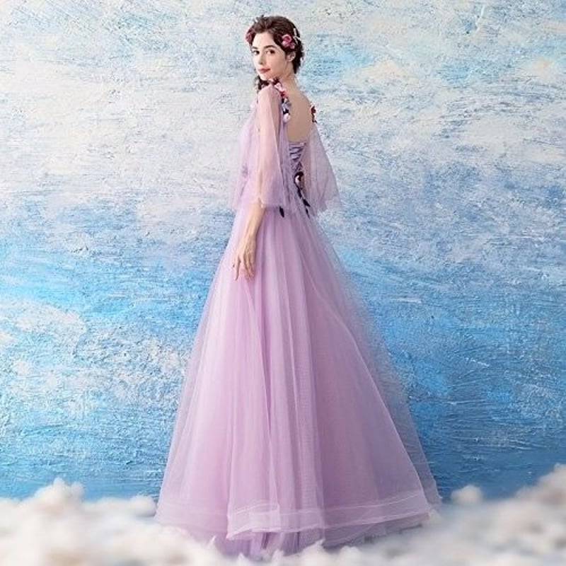 浅紫 Vネック ノースリーブ ウェディング 結婚式 二次会 ドレス 披露宴 