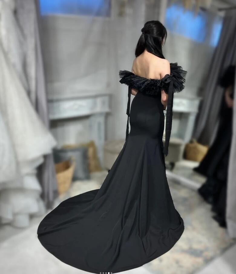 【2次会・前撮り】オフショルダー ソフトマーメイドドレス ブラック オフショルダー ソフトマーメイドドレス ブラック（W268BK）