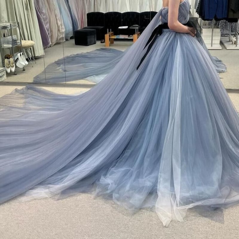 カラードレス 紫青 華やかなトレーン ベルト ベアトップ 披露宴/結婚式  