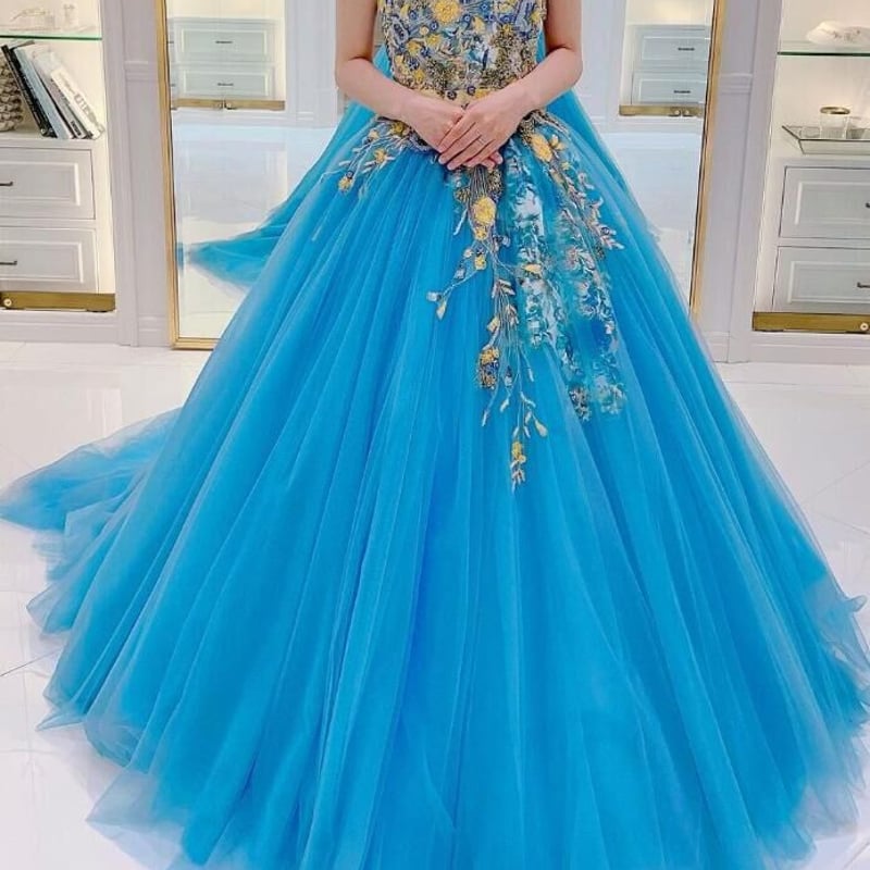 カラードレス ブルー サッシュベルト 3D立体レース刺繍 ベアトップ 結 