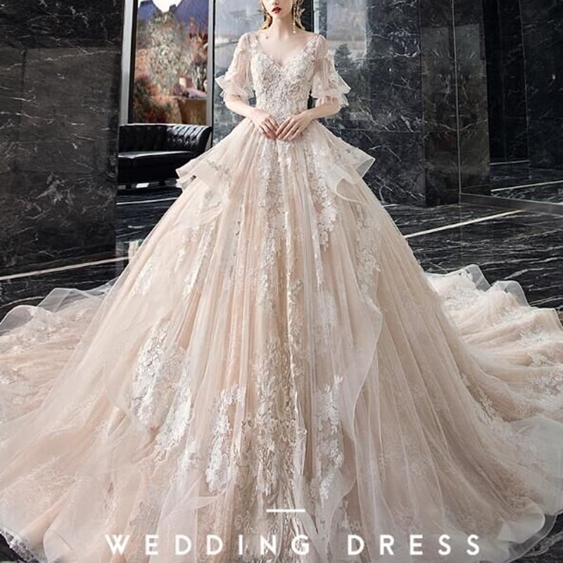 高品質！薄シャンパンの色 ウエディングドレス 華やかなトレーン 3D  