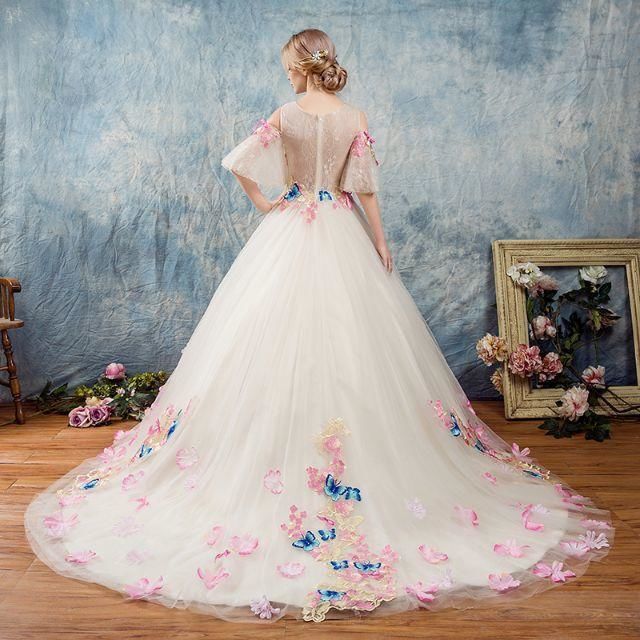 高級刺繍 カラードレス ウエディングドレス トレーン 花嫁ドレス 