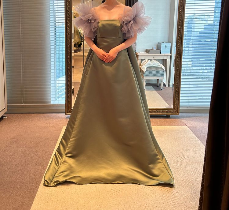 カラードレス スタイリッシュ グリーン チュール/サテン Aライン