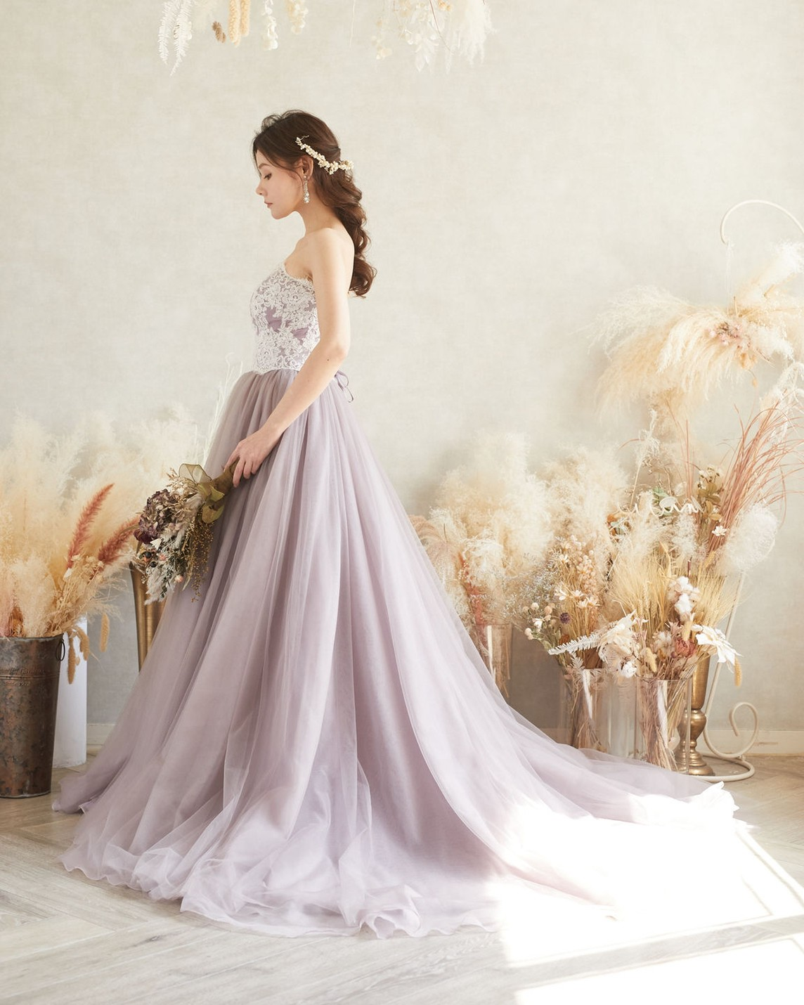 カラードレス オーキッド 魅惑の花レース ベアトップ チュール