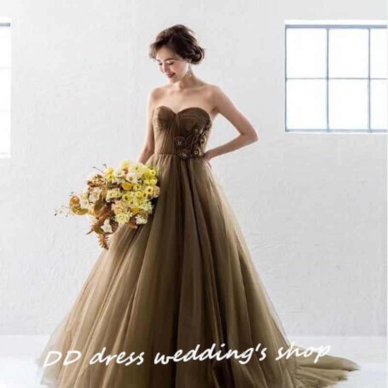 高品質！カラードレス 挙式 前撮り 茶 ベアトップ プリンセスライン  