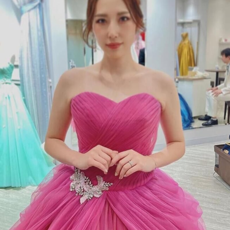 豪華！ カラードレス ピンク ベアトップ 花モチーフ 編み上げ 柔らかく  