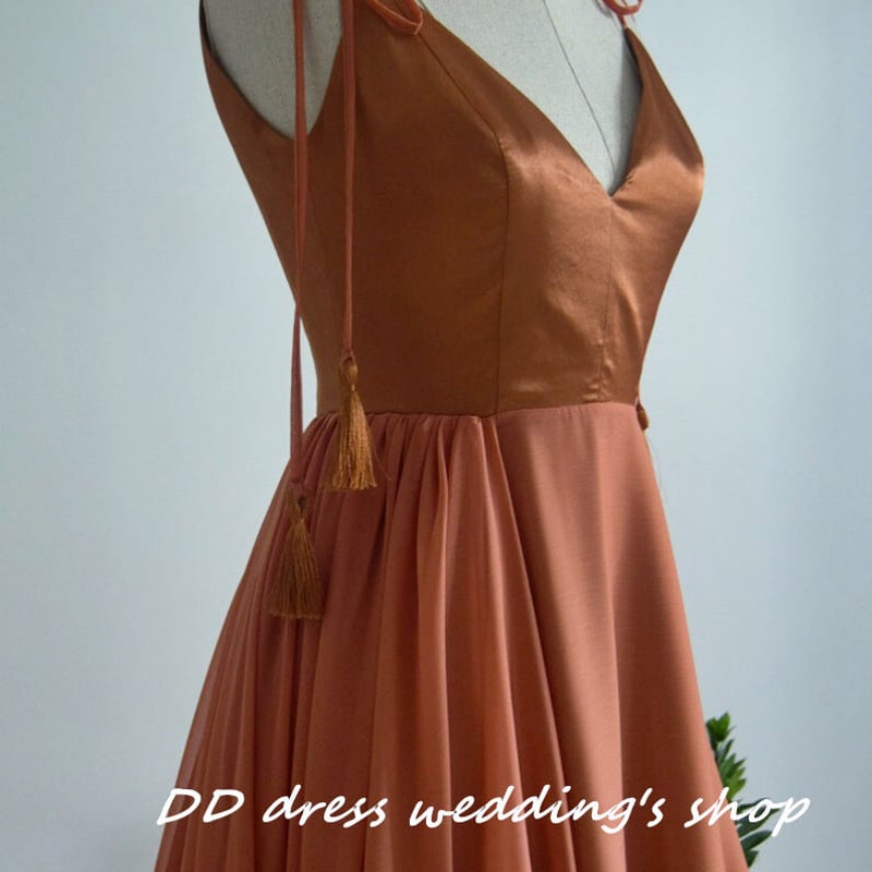高品質！パーティードレス Vネックドレス キャミソール テラコッタ色  