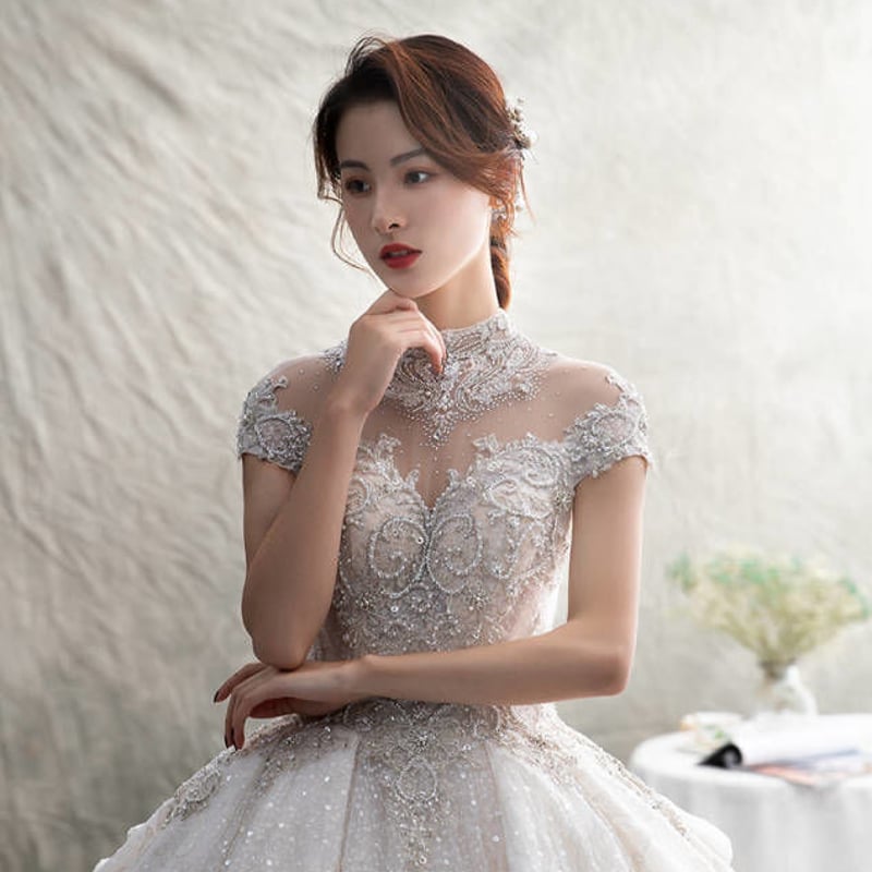 ウエディングドレス ホワイト キラキラチュール レーススパンコール