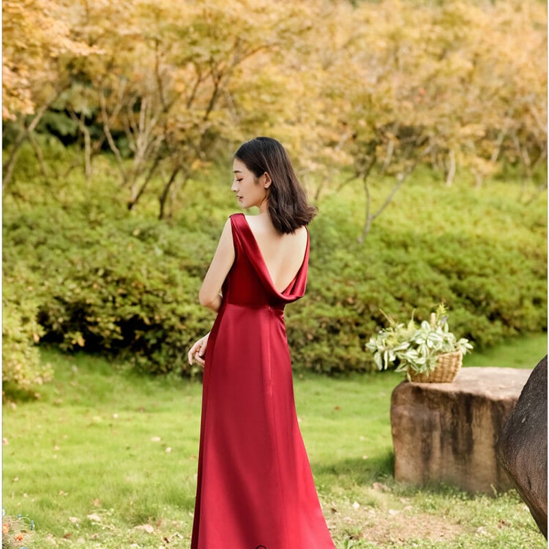 美品！ワインレッド パーティードレス 背中見せ 短トレーン マーメイド  