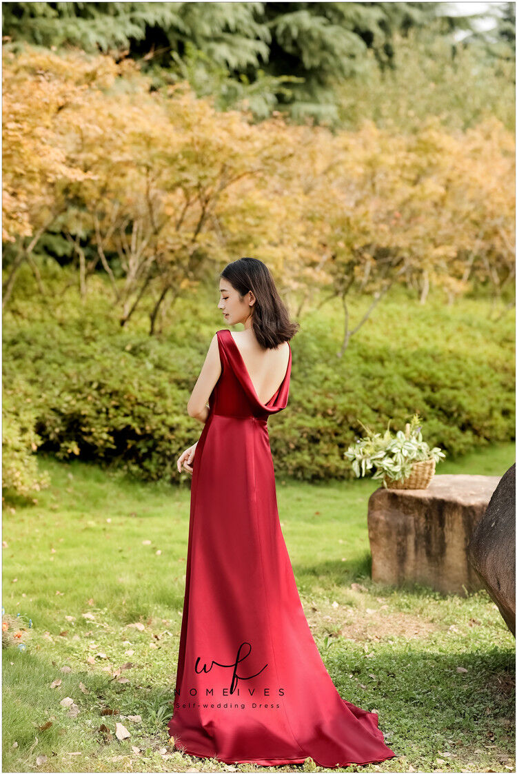 美品！ワインレッド パーティードレス 背中見せ 短トレーン マーメイド  