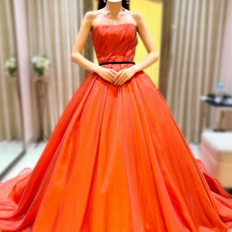 高品質！オレンジ ベアトップ 2次会/披露宴 パーティードレス  