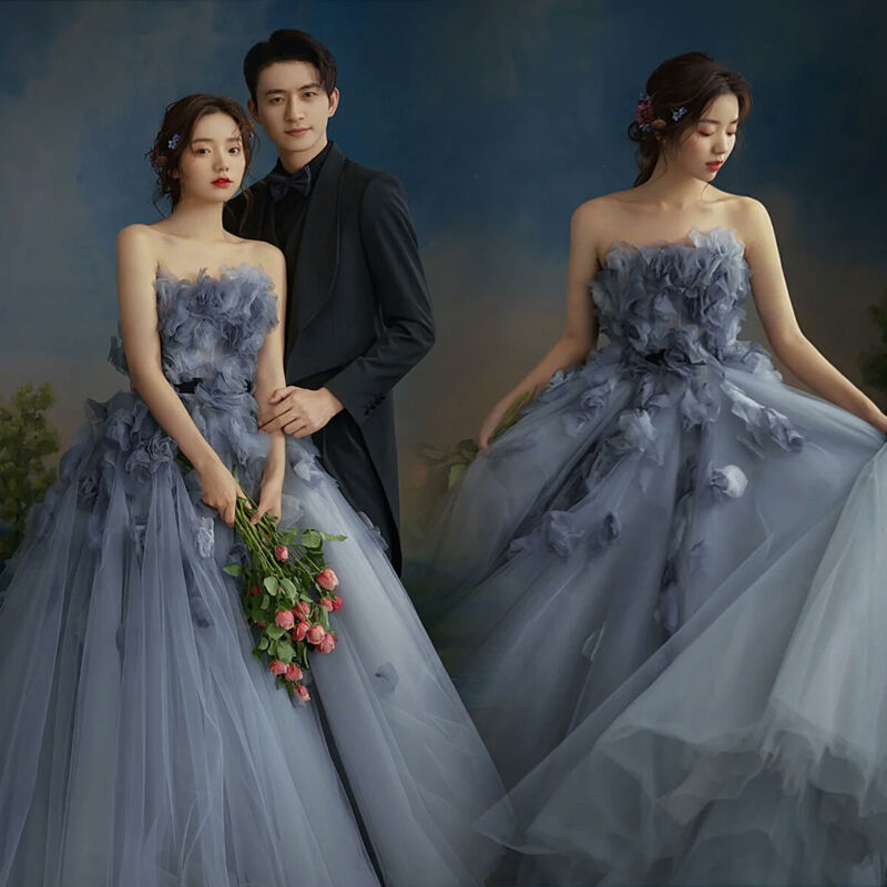 美品！カラードレス ブルーグレー ベアトップ ソフトチュール 花  